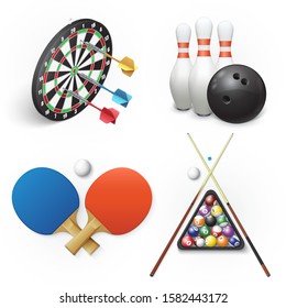 Emblem of darts, bowling, table tennis and pool billiards. Vector illustration