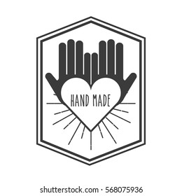 emblem with decorative frame of hand made concept with  heart and hands icon over white background. vector illustration