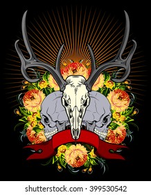 The emblem of the deer and human skulls with a banner and wild roses
