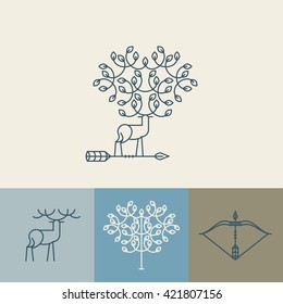 emblem - a deer, a tree and an arrow made in trendy linear style