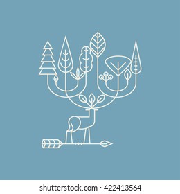 emblem - a deer, a tree and an arrow made in trendy linear style
