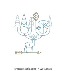 emblem - a deer, a tree and an arrow made in trendy linear style