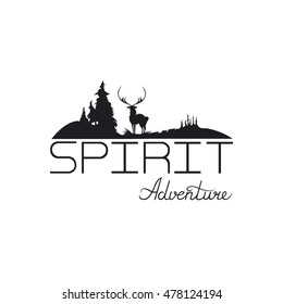 The emblem with deer and trees. Handwritten calligraphy. The word "Adventure", "Spirit". Lettering. Logo. Outdoor company, camping, adventure labels. Template for your design. Vector illustration.