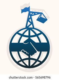 The emblem depicting a handshake on the background of the globe 