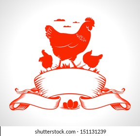 Emblem depicting hen and ribbon with place for text.