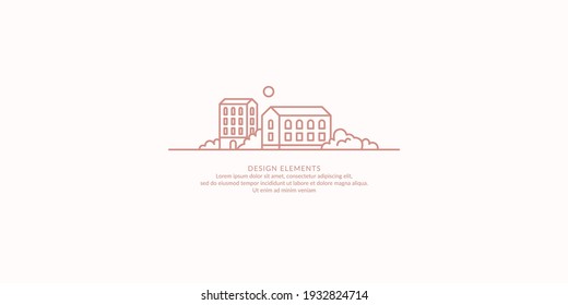 Un emblema que representa las casas. Edificios de varias plantas rodeados de árboles. Ilustración lineal vectorial.