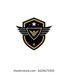 Emblem Design Gold Winged Shield with Stars - Military, Aviation, Security Logo Concept