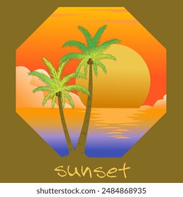 emblem design, illustration of a sunset view on the sea with coconut trees