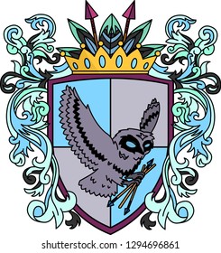 Emblem design. Owl holds arrows in the claws on the medieval design background shield framed by floral elements and a crown with the plumages and arrows on the top.