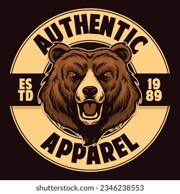 Emblem Design of Roaring Grizzly Bear Full Color in Vintage Style