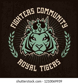 Emblem design template with tiger in crown looking danger on grunge backdrop. Classic style. Vector print.