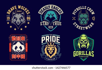 Emblem design templates with different animals mascots. Sport team badges designs. Vector set.