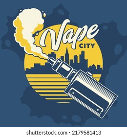 Emblem design with vaporizer and steam cloud. Sun and city silhouette on background. T-shirt design. Vector art.