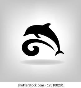 Emblem of a dolphin over the sea on a light background. Logo design for the company.