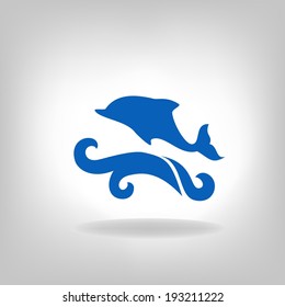 Emblem of a dolphin over the sea on a light background