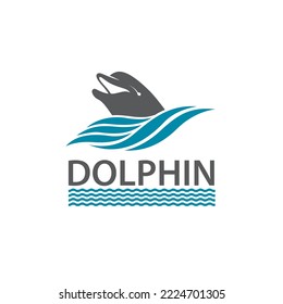 emblem of dolphin and sea waves isolated on white background