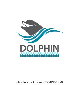 emblem of dolphin and sea waves isolated on white background