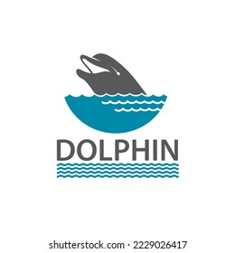 emblem of dolphin and sea waves isolated on white background