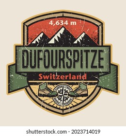 Emblem of the Dufourspitze is the highest peak of Monte Rosa, a huge ice-covered mountain massif in the Alps, vector illustration