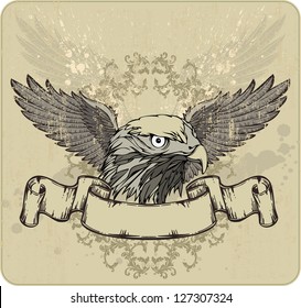 Emblem an eagle, wings and vintage banner. Vector illustration.