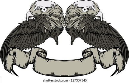 Emblem with eagle and wings and vintage banner. Vector illustration.