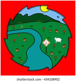Emblem. Ecology, nature protection. Card. Vector illustration. Red background. River.