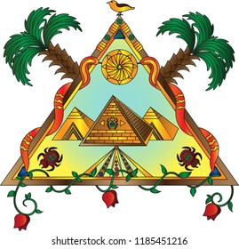 Emblem with Egyptian pyramids and symbols.