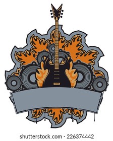 emblem with an electric guitar and speakers in flames