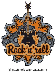 emblem with an electric guitar, speakers inscription rock and roll