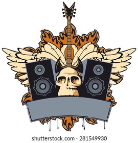 emblem with an electric guitar, speakers, wings and human skull