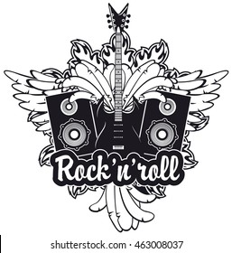 emblem with an electric guitar, wings, speakers and inscription rock and roll