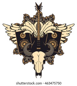 emblem with an electric guitar, wings, speakers and cow skull