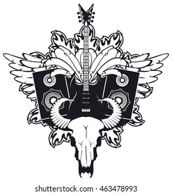 emblem with an electric guitar, wings, speakers and cow skull