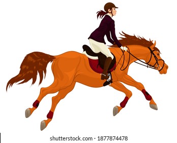 Emblem für Reitsport. Performance bei Showspringwettbewerben. Die in Jacke gekleidete Frau reitet auf einem Pferd. Löwengallops mit ausgestreckten Beinen. Vektorklammer für Reitclubs.