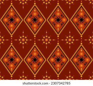 Emblem ethnic folk geometric seamless pattern in red and orange vector illustration design for fabric, mat, carpet, scarf, wrapping paper, tile and more