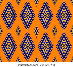 Emblem ethnic folk geometric seamless pattern in blue, yellow and orange vector illustration design for fabric, mat, carpet, scarf, wrapping paper, tile and more