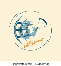 Emblem of extreme sports. Extreme tourism around the world. Logo for travel agencies. The paratrooper is flying around the world.