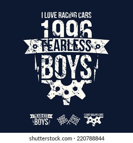 Emblem of the fearless riders boys in retro style. Graphic design for t-shirt. White print on dark background