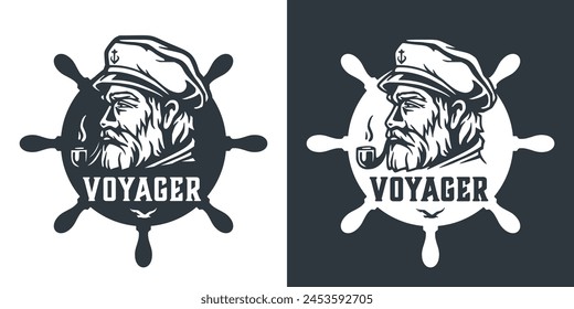 Emblem featuring a bearded captain wearing a sailor hat, set against a ship's wheel backdrop with the word voyager prominently displayed, evoking a strong nautical theme.