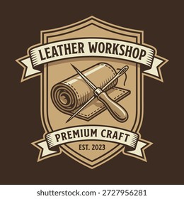 Emblem featuring leather crafting tools and materials, representing a premium craft workshop est. 2023.