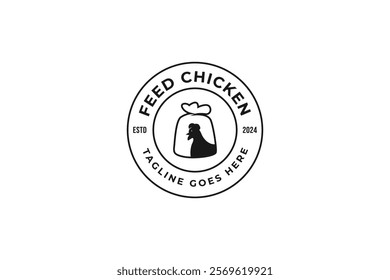 Emblem feed chicken in burlap pouch sack bag logo design template vector illustration idea