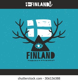 Emblem of Finland with hand drawn image in vintage style. Vector doodle illustration.