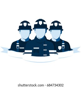 Emblem of fire brigade. Group of people in fireman helmets and uniforms. Firefighters team isolated on white. Flat firemen characters. Vector illustration