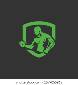 Emblem Fitness club logo with exercising athletic man isolated on black, vector illustration