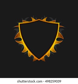 Emblem with flames behind and place for text. Vector illustration.