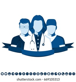 Emblem in a flat style with a picture of a group of doctors. Medical team of ambulance. Clinic staff isolated on white background.