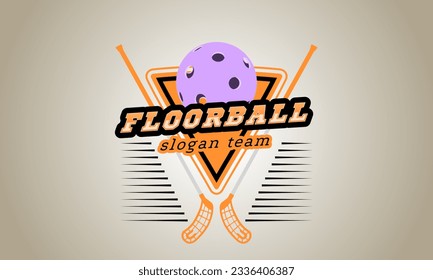Emblem for floorball. An orange triangle with a black stripe  lilac ball on the sides of the stick.