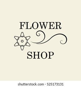 Emblem for flower shop. Vector floral logo. Vector template for card banner and poster with floral elements. Black on white illustration.