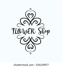 Emblem for flower shop. Vector floral logo.Typographical background. Template for card banner, poster with calligraphy, hand drawn elements.