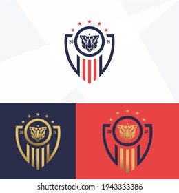 
El emblema del club de fútbol. Logo del escudo de la insignia de fútbol con mascota de la cabeza del león, elementos del equipo de fútbol, Ilustración con el logotipo del vector Ilustración Adecuada para campeonatos o equipos